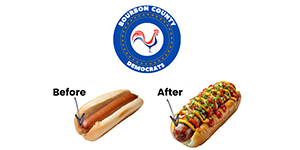 Bourbon County Democrats logo with a plain hot dog as before and a fully-dressed hot dog as after